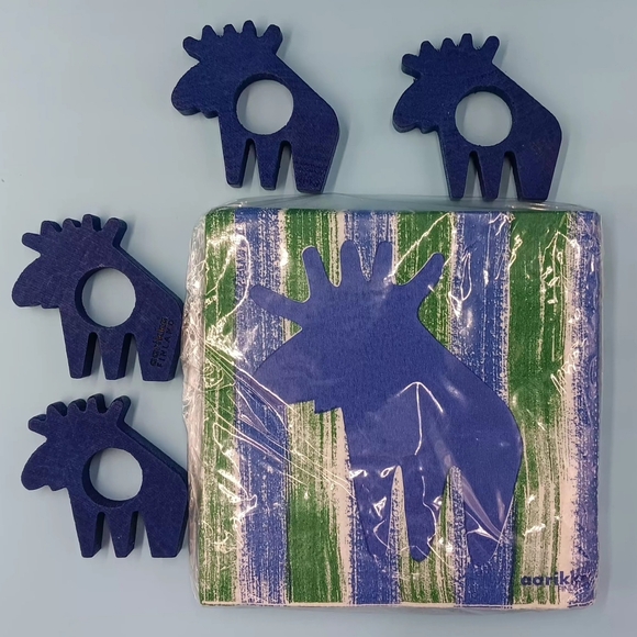 Aarikka Other - VTG Aarikka Finland 4 Blue Birch Wood Moose Napkin Rings and 20 Moose Napkins